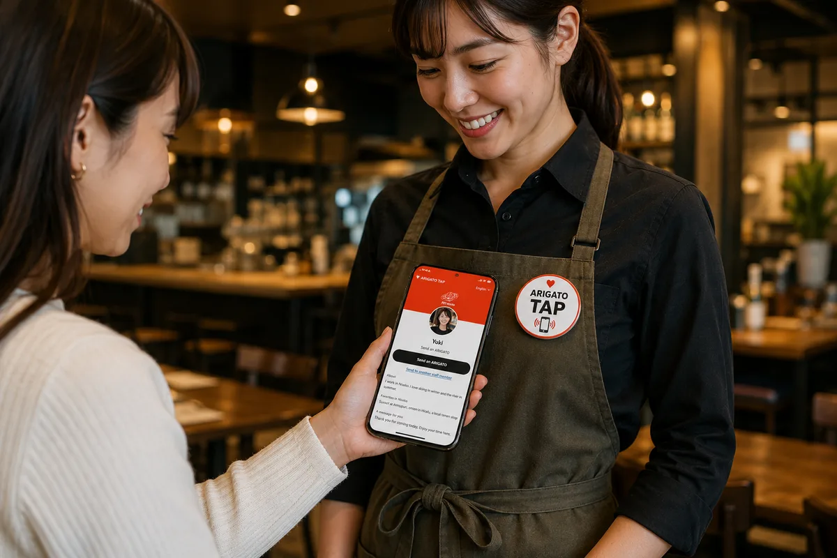 スタッフのバッジにスマートフォンをかざす様子